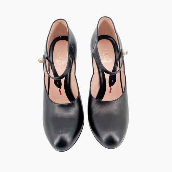 Gucci Lesley Mary Jane Pumps Size 37.5  US 7.5 Black Leather High Heel GG Pearl - Picture 3 of 15